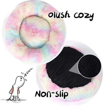 Cat Beds for Indoor Cats - Anti Anxiety Round Dog Beds for Small Medium Dogs, Fluffy Plush Faux Fur Pet Bed (Rainbow, Large 24" L x 24" W)