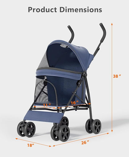 OS MOTOR Pet Stroller with 4 Wheels for Small/Medium Pets, Portable Travel Foldable Carrier Jogger for Dog Cat Puppy Kitty, Rear Wheel Breaks, Storage Basket, Visible Mesh Weather Cover (Navy Blue)