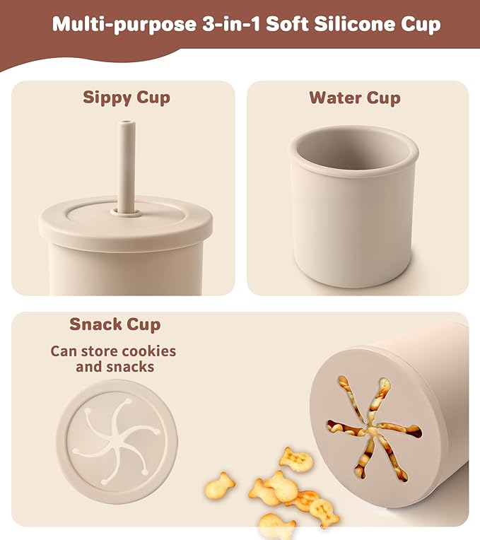 ECLIP Silicone Baby Feeding Set,10 Pcs Baby Led Weaning Supplies Baby Eating Essentials Set with Suction Bowl Divided Plate Adjustable Bib Soft Spoon Fork Cup with Lid Drinking Cup, Travel Bag (Beige)