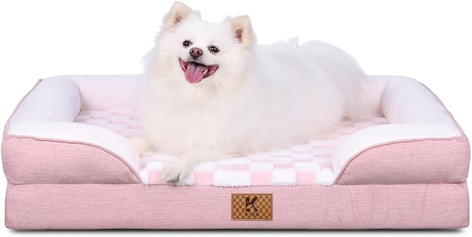 KSIIA Waterproof Dog Bed Orthopedic for Large Senior Dog Couch with Sides, Extra Thick Supportive Pet Bed Sofa with Soft Plush Cover and Non-Slip Bottom, 44 x 32 Inch, Pink