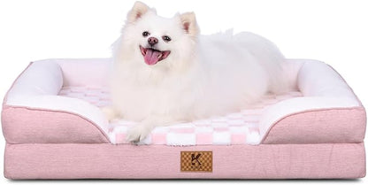 KSIIA Waterproof Dog Bed Orthopedic for Large Senior Dog Couch with Sides, Extra Thick Supportive Pet Bed Sofa with Soft Plush Cover and Non-Slip Bottom, 44 x 32 Inch, Pink