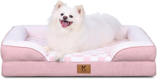 KSIIA Waterproof Dog Bed Orthopedic for Large Senior Dog Couch with Sides, Extra Thick Supportive Pet Bed Sofa with Soft Plush Cover and Non-Slip Bottom, 44 x 32 Inch, Pink