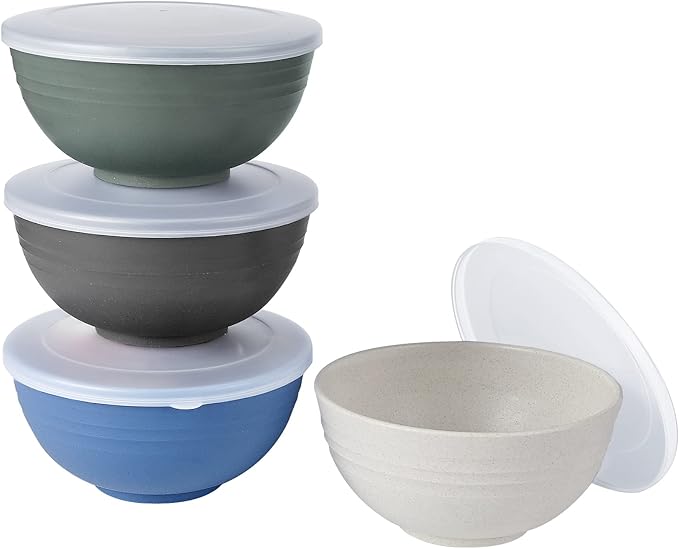 Shopwithgreen Wheat Straw Cereal Bowls with Dust-Proof Lid, Reusable Bowls for Kitchen, Set of 4, Microwave and Dishwasher Safe, for Soup, Oatmeal, Ramen, RV, Camping,College Dorm Room, 26 OZ, Coastal