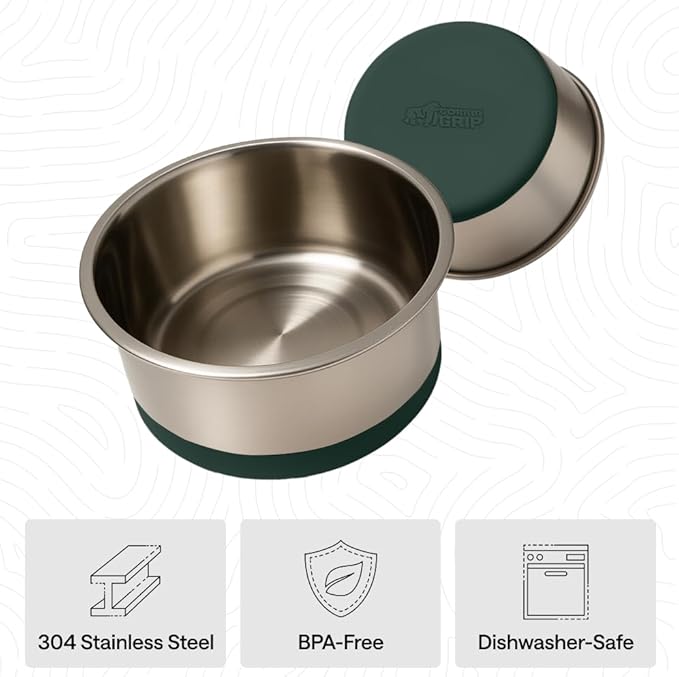 GORILLA GRIP Dog Bowls, Food Grade 304 Stainless Steel, Holds 8 Cups Each (64 fl oz) Food and Water Bowl for Feeding Dogs and Cats, Dishwasher Safe, Rust Resistant, BPA Free Rubber Base Set of 2 Green