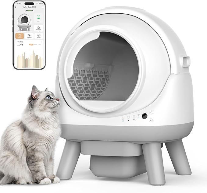 Self Cleaning Litter Box for Multiple Cats, G1 Automatic Litter Box with Smart APP Control & Health Monitoring, Includes 2 Roll Trash Bags and Litter Mat (White-Grey)
