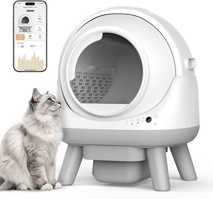 Self Cleaning Litter Box for Multiple Cats, G1 Automatic Litter Box with Smart APP Control & Health Monitoring, Includes 2 Roll Trash Bags and Litter Mat (White-Grey)