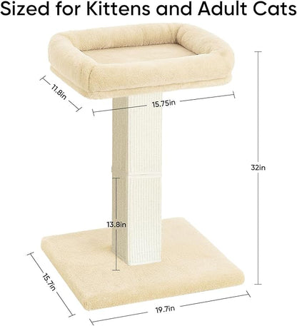 AGYM Cat Scratching Post, 32”Cat Scratcher with Large Plush Perch, Sisal & Carpet Scratching Post, Vertical Posts with Elevated Bed for Indoor Cats, Removable& Washable Cover, Beige