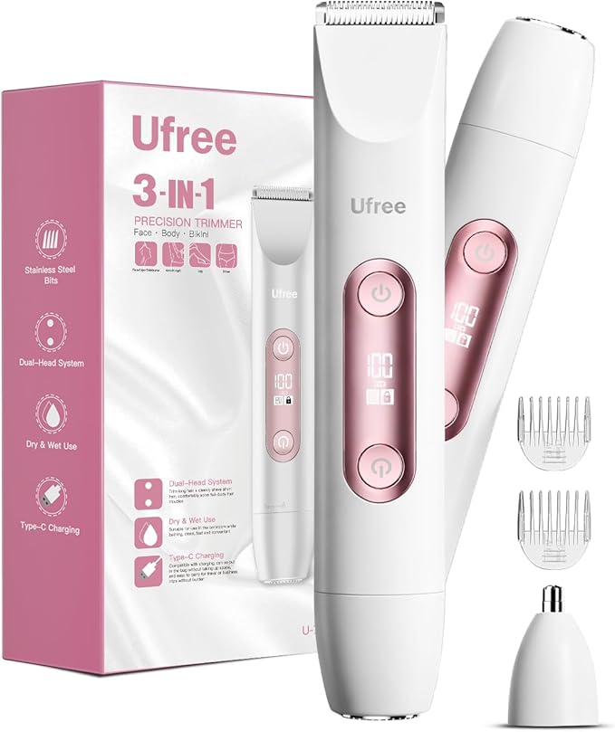 Ufree Bikini Trimmer Electric Razors for Women Dual Head, Pubic Body Hair Trimmer Electric Shaver for Face, Legs, Arm, Rechargeable Lady Shaver Waterproof, Summer Grooming Kit