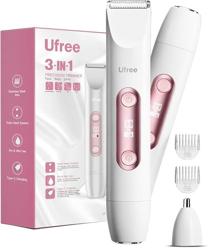 Ufree Bikini Trimmer Electric Razors for Women Dual Head, Pubic Body Hair Trimmer Electric Shaver for Face, Legs, Arm, Rechargeable Lady Shaver Waterproof, Summer Grooming Kit