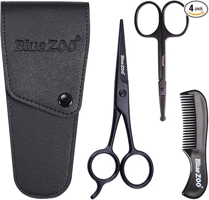 BlueZOO Beard Mustache Scissors and Comb Kit with PU Storage Bag, Rounded Safety Nose Hair Scissor for Men and Women Care Grooming, Ear Trimming Tool, Shears for Personal Grooming, Cutting & Styling