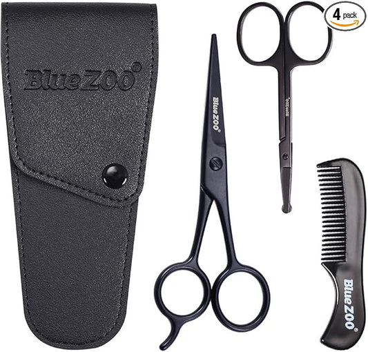 BlueZOO Beard Mustache Scissors and Comb Kit with PU Storage Bag, Rounded Safety Nose Hair Scissor for Men and Women Care Grooming, Ear Trimming Tool, Shears for Personal Grooming, Cutting & Styling