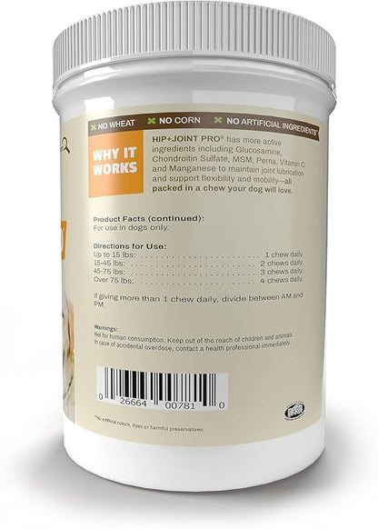 Pet Naturals Hip and Joint Pro Supplement with Glucosamine, Green-Lipped Mussel, and Chondroitin for Dogs, Duck Flavor, 130 Chews