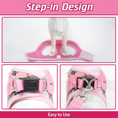 EXPAWLORER Classic Plaid Puppy Harness - Small Dog Harness and Leash Set - Dog Collar and Leash Set with AirTag Holder, Soft Padded Step in Dog Vest Harness No Pull Reflective for Outdoor, Pink S