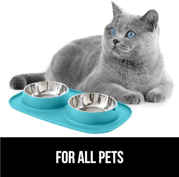 GORILLA GRIP Feeding Mat Bowl Set, 4 Cup 100% Waterproof BPA Free Silicone, 304 Stainless Steel Cat and Dog Bowls for Food and Water, Slip Resistant, High Edge, US Designed, Patent Pending, Turquoise