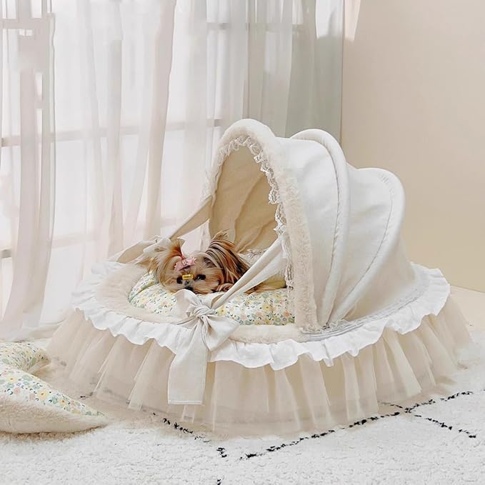 Elegant Pet Bed with Ruffles, Cradle Bed for Small Dogs Puppy Kitten Luxury Bed Sofa (M 21.3''Lx17.7''Wx11.8''Th, Fluffy MintFlr)