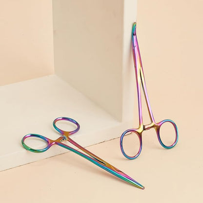 Pets ears/nose hair Puller Straight & Curved full serrated, stainless steel Home Hemostat Locking Forceps, Professional pet grooming tool for cats & dogs 2pcs set （Gradient color）