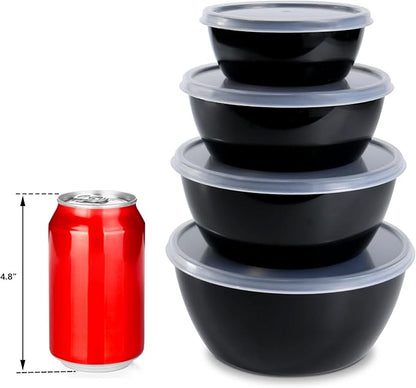 Set of 4 Plastic Prep Bowls with Lids，Microwave and Dishwasher Safe (Black)