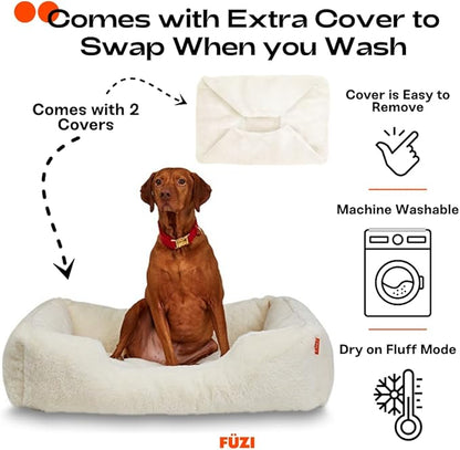 FUZI Luxury Aesthetic Dog Bed with Extra Cover for Large Dogs, Washable Pet Couch, Pet Bed with Sides, Non-Slip Bottom, Soft and Durable Calming Dog Bed, Faux Fur, Large 35.6x28.5x9.5 Soft White