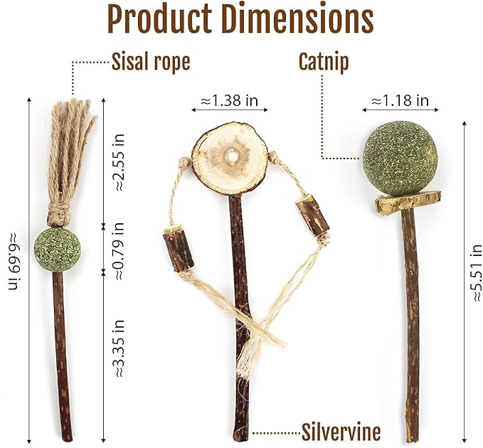 3PCS Natural Catnip Chew Toys | Silvervine & Sisal Rope | Dental Care & Anxiety Relief | Indoor Cats 6+ Months | Teething Kitten Toys