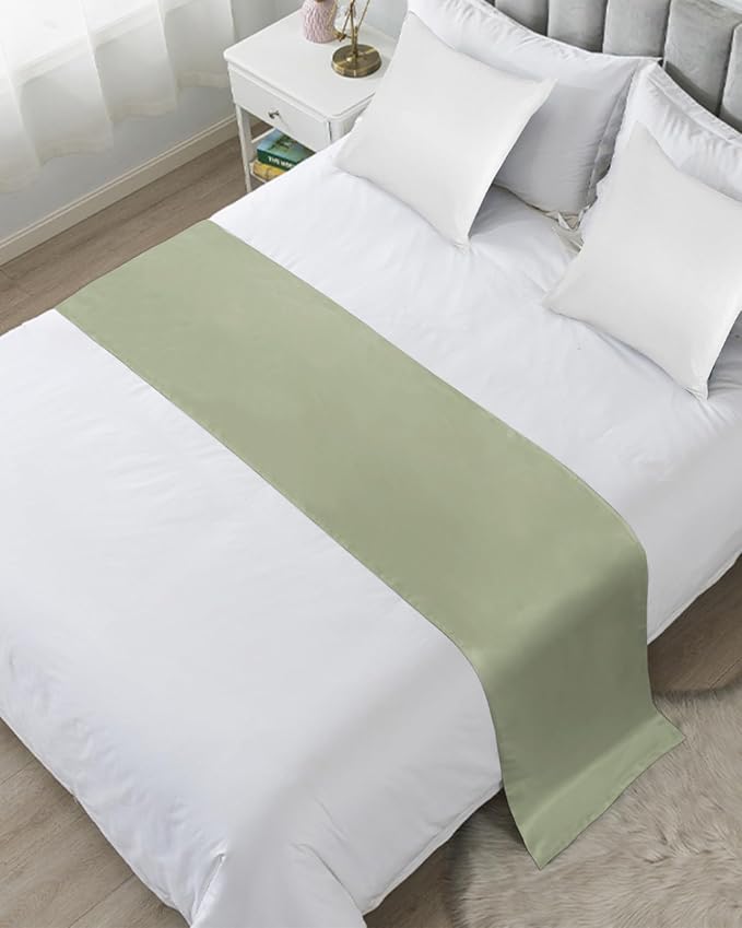Sage Green Bed Runner for King Size Bed, Farmhouse Decorative Bed Scarf Throws for Foot of Bed, Sage Green Color Luxury Bedding Protector Slipcover Bed Runners for Hotel/Home, 94 x 20 Inch