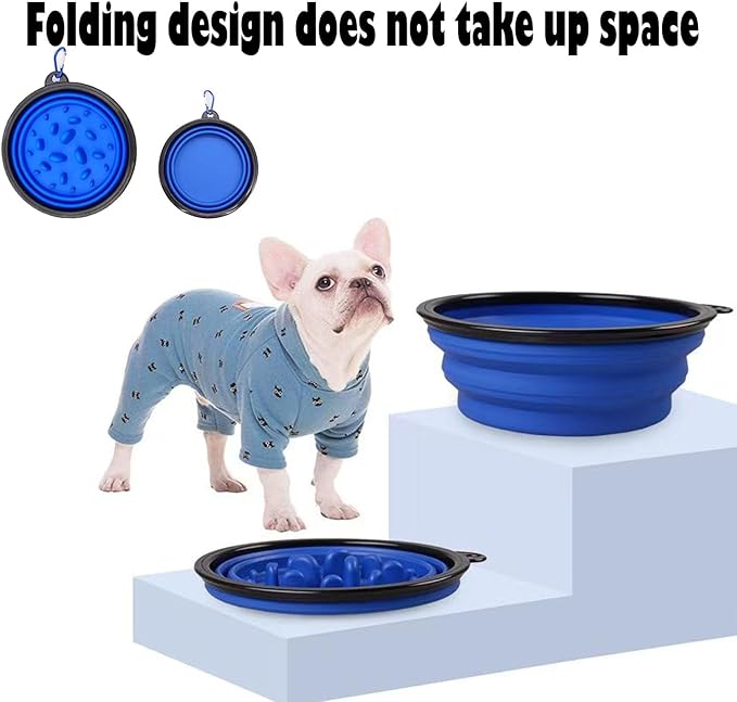 Pet Blue Collapsible Bowl Double Set - Slow Feeder Anti-Choke Bowl + Outdoor Portable,Foldable Dog Drinking,Slow Speed,Food&Dog pet Folding,Convenient,Foldable （Blue）