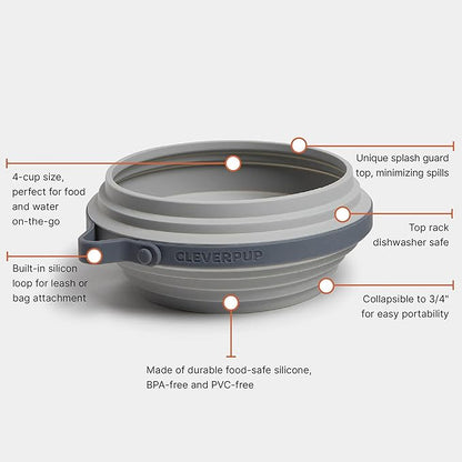 Cleverpup Nomad Large Collapsible Travel Dog Bowl - 4 Cup BPA-Free Silicone for Medium & Large Dogs, Portable, Food & Water, Dishwasher Safe - Grey