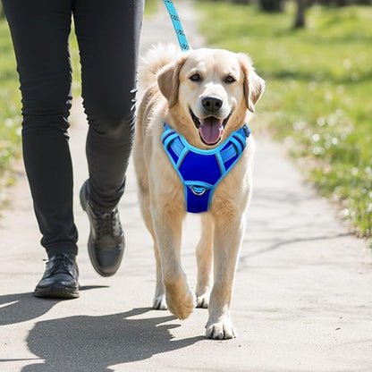 BARKBAY No Pull Dog Harness Large Reflective Dog Harness with Front Clip and Easy Control Handle for Walking Training Running with ID tag Pocket(Sapphire Blue & Blue,XL)