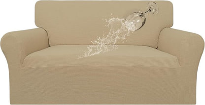 Easy-Going 100% Waterproof Loveseat Couch Cover, Dual Waterproof Sofa Cover, Stretch Jacquard Sofa Slipcover, Leakproof Furniture Protector for Kids, Pets, Dog and Cat (Loveseat, Sand)