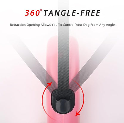 enrgticdg 16Ft Retractable Dog Leash,Light Weight Leash for Small to Medium Dogs/Cats Up to 50lbs,Stainless Steel Spring Strong Nylon Tape, Tangle Free, One-Handed Brake.(Pink)