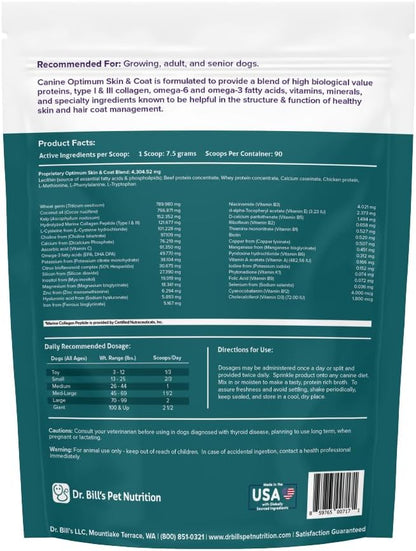 Dr. Bill's Canine Optimum Skin & Coat – Reduces Shedding, Itching, Dry Skin – Allergy Relief for Healthy Fur - Omega 3, Collagen, Biotin & Hyaluronic Acid – 680g Vet-Recommended Dog Supplement