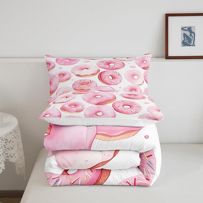 Erosebridal Cartoon Donut Bedding Sets King Dessert Cake Down Comforter,White and Pink Quilt Set for Kids Toddler and Girls Cartoon Style Quilted Comforter Lightweight Soft Room Decorative 3 Piece