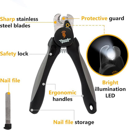 LED Dog Nail Clippers with Light, Trimmers with Protective Guard, Quick Sensor, Safety Lock and Nail File - Suitable for Large and Small Dogs & Cats (Grey, LED)