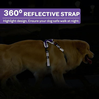 FURRYFECTION Plaid Dog Harness for Medium Dogs, Reflective No Pull Adjustable Pet Vest with Front Clip, Leash, Easy Control Handle and Seat Belt, Purple, M