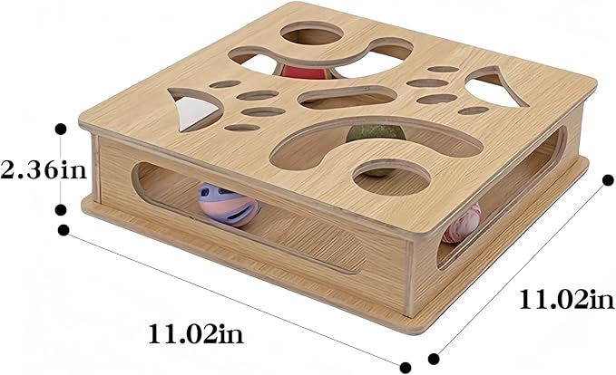 Interactive Wooden Cat Puzzle Toy Box with 4 Balls Interactive Cat Toy for Indoor Cats Indoor Hunting Play Toy Treat Puzzle Toys for Cats