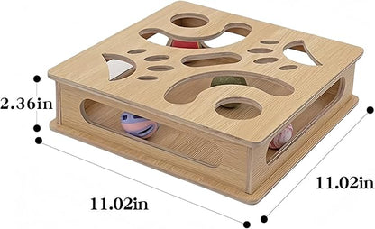 Interactive Wooden Cat Puzzle Toy Box with 4 Balls Interactive Cat Toy for Indoor Cats Indoor Hunting Play Toy Treat Puzzle Toys for Cats