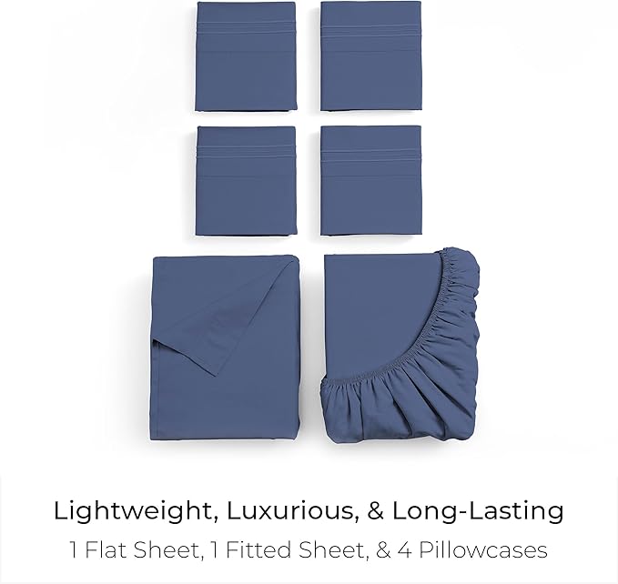 Mellanni Full Sheet Set - 6-Piece Iconic Collection Bedding, (Including 4 Pillowcases), 21-Inch Extra Deep Pocket, Easy Care, Ultra Soft, Cooling Sheets, Brushed Microfiber - Blue Nova