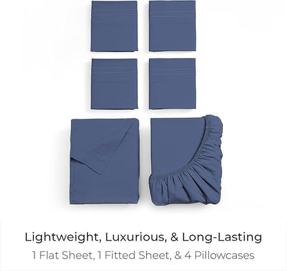 Mellanni Full Sheet Set - 6-Piece Iconic Collection Bedding, (Including 4 Pillowcases), 21-Inch Extra Deep Pocket, Easy Care, Ultra Soft, Cooling Sheets, Brushed Microfiber - Blue Nova