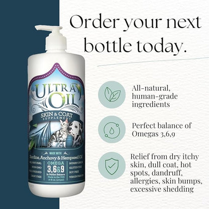 Ultra Oil Skin and Coat Supplement for Dogs and Cats with Hemp Seed, Flaxseed, Grape Seed, and Fish Oils for Relief from Dry Itchy Skin, Dull Coat, Hot Spots, Dandruff, and Allergies, (16 oz)