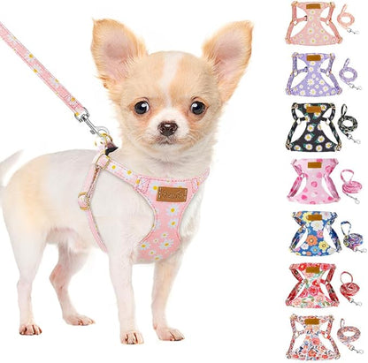SlowTon No Pull Dog Harness with Leash - Soft Lightweight Floral Pattern Puppy Harness, Adjustable Pet Harnesses for Small Medium Dogs (Pink Daisy XS)