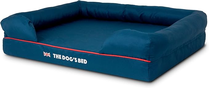 The Dog’s Bed Orthopedic Memory Foam Dog Bed with Bolsters for Large Dogs, High Density Support Mattress, Low Front Entry, Removable Washable Cover, Oxford Fabric, Blue with Dark Red Trim, Large