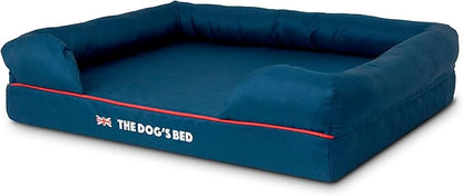 The Dog’s Bed Orthopedic Memory Foam Dog Bed with Bolsters for Large Dogs, High Density Support Mattress, Low Front Entry, Removable Washable Cover, Oxford Fabric, Blue with Dark Red Trim, Large