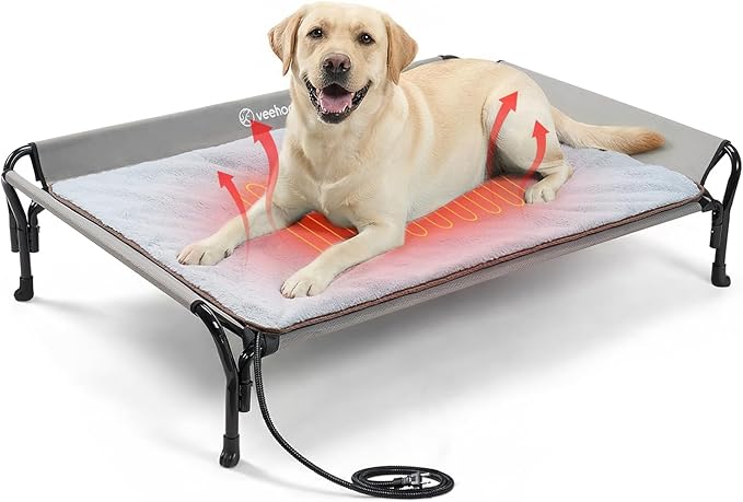 Veehoo Elevated Dog Bed with Plush Heated Mat, Raised Dog Bed with Waterproof Heating Pads for Cats & Dogs Outdoor Indoor, Heated Dog Sofa Bed with Power Line Protection Tube, 47.2" x 31.9", Grey