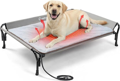 Veehoo Elevated Dog Bed with Plush Heated Mat, Raised Dog Bed with Waterproof Heating Pads for Cats & Dogs Outdoor Indoor, Heated Dog Sofa Bed with Power Line Protection Tube, 47.2" x 31.9", Grey