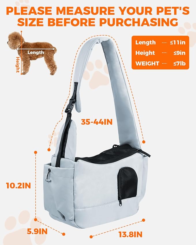 Pet Sling Carrier for Small Dogs Up to 7 lb, Stylish Versatile Soft Dog Sling Carrier with Widened Padded Adjustable Shoulder, Safety Buckle and Breathable Anti-Scratch Mesh for Travel, Grey