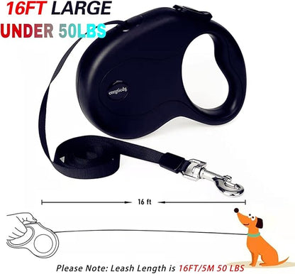 enrgticdg 16Ft Retractable Dog Leash,Light Weight Leash for Small to Medium Dogs/Cats Up to 50lbs,Stainless Steel Spring Strong Nylon Tape, Tangle Free, One-Handed Brake.(Black)