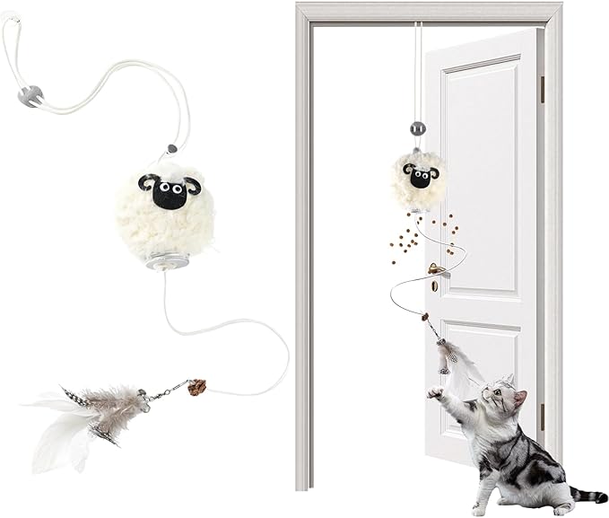 Interactive Cat Toys for Indoor Cats - [2026 New] Elastic Cat Feather Toys with Lamb-Shaped Puzzle Dispenser, Hanging Enrichment Toy that Delivers Joy and Award