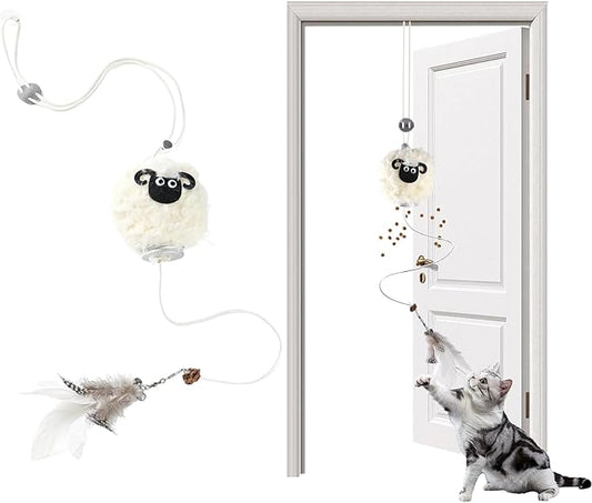 Interactive Cat Toys for Indoor Cats - [2026 New] Elastic Cat Feather Toys with Lamb-Shaped Puzzle Dispenser, Hanging Enrichment Toy that Delivers Joy and Award
