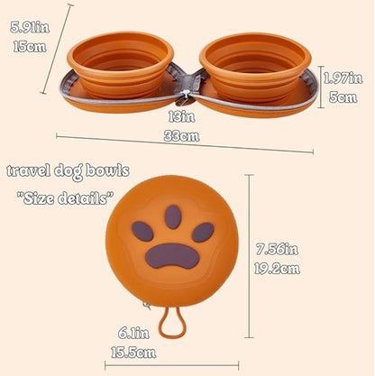 Bear Paw Foldable Pet Bowl, Dual Bowl Design for Food and Water,6.1in，Pink,Orange and Beige (Orange)