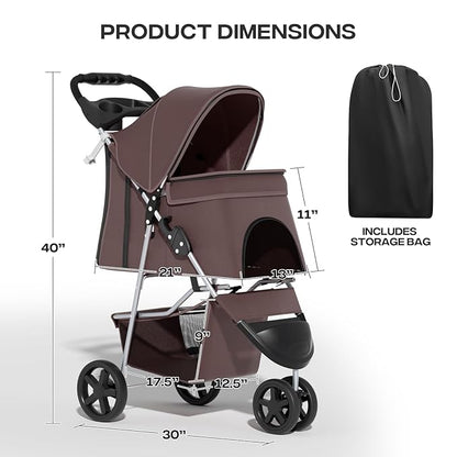 Pet Stroller for Small Dogs 10 lbs, Dog Stroller for Medium Dogs 30 lbs, Cat Strollers for 2 Cats, 3 Wheels Foldable Jogger Puppy Stroller with Storage Basket and Cup Holder, Coffee