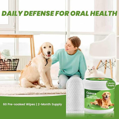 Dog Dental Wipes for Teeth Cleaning - Removes Plaque & Tartar, Effective Toothbrush & Toothpaste Alternative Kit Finger Pet Dental Care Pads, Fresh Breath for Dogs & Cats - 60ct, Unscented